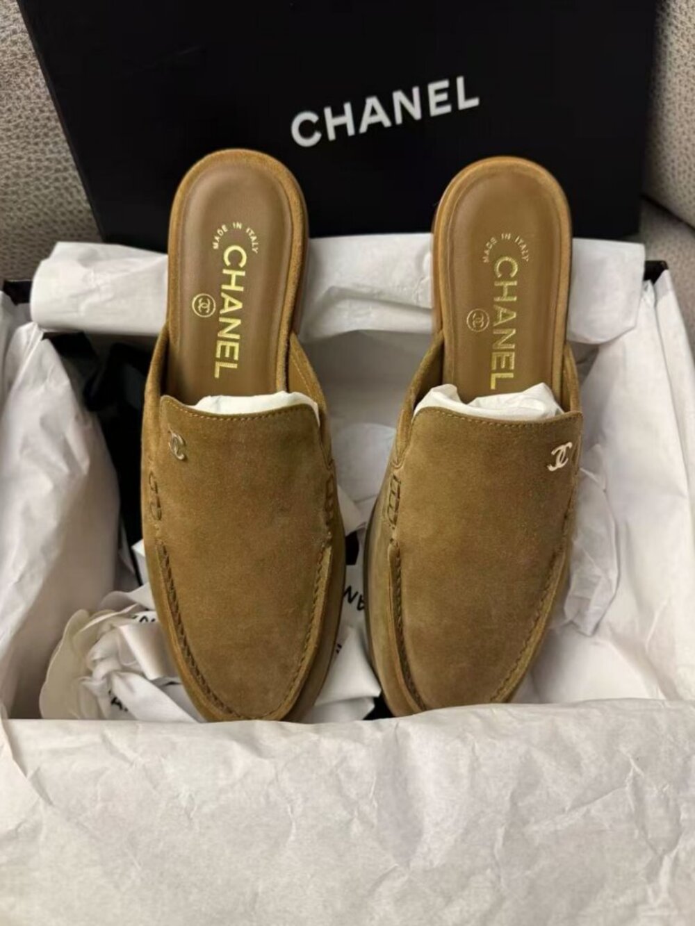 CHANEL Brown CC Logo Backless Loafer Mules Slip‑On Shoes